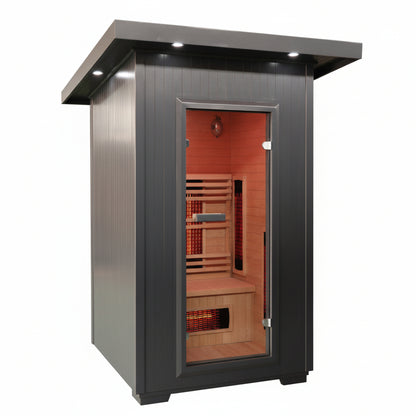 Infrared sauna with wooden interior and metallic exterior on a white background