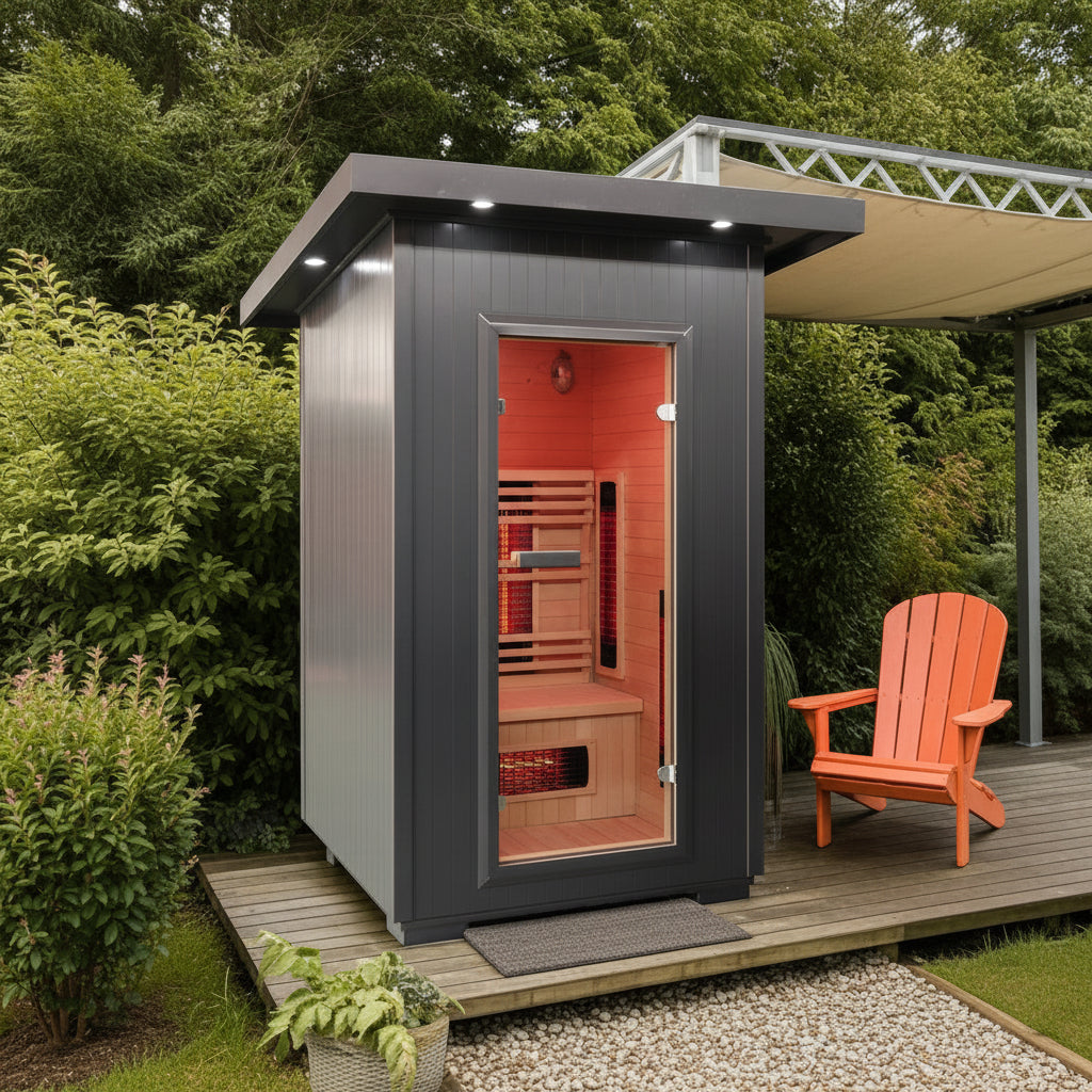 Portable sauna on a wooden deck with an orange chair in a garden setting