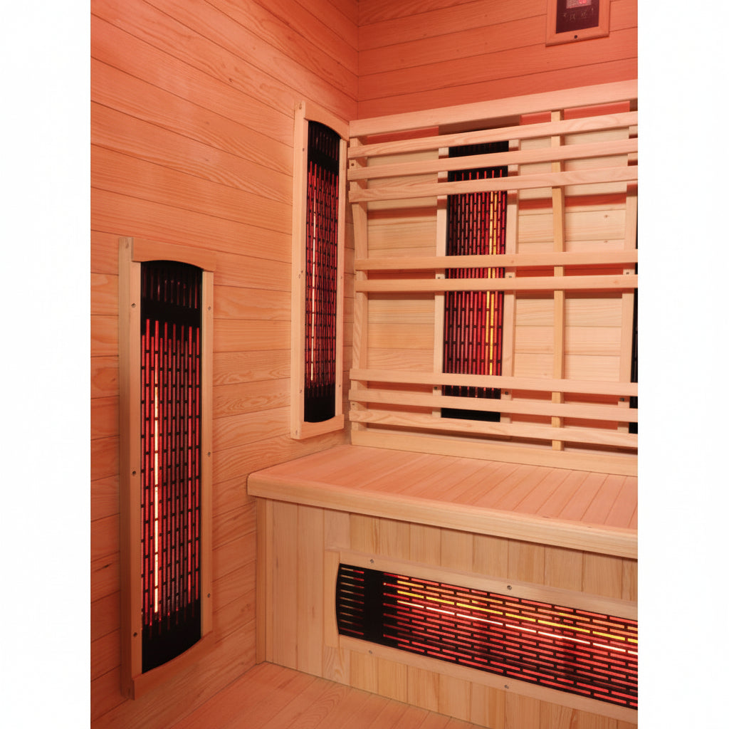 Infrared sauna with wooden interior and heating elements.