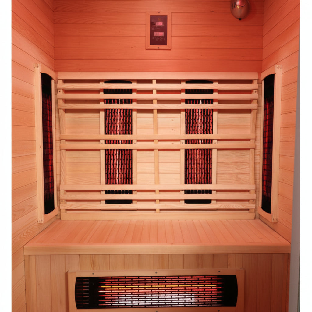 Infrared sauna with wooden interior and heating elements.
