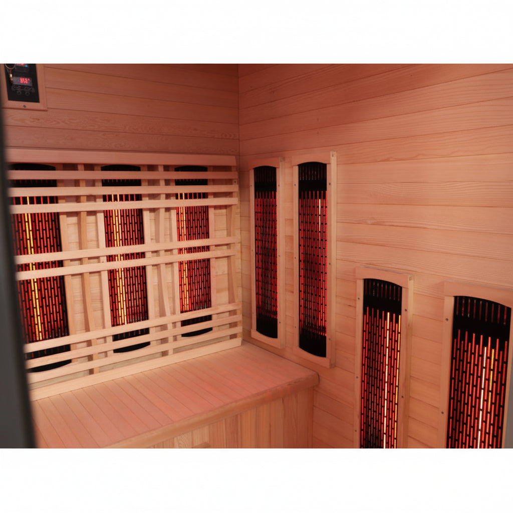 Infrared sauna with wooden walls and benches