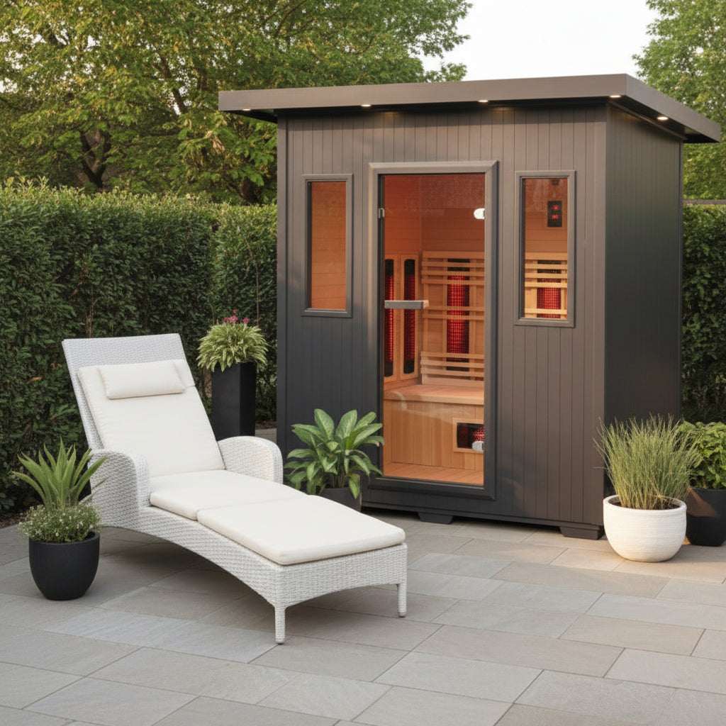 Outdoor sauna with a lounge chair in a garden setting