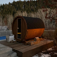 Load image into Gallery viewer, SaunaLife E8W Barrel Sauna at golden hour outside