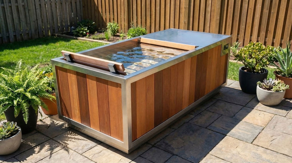 Finnmark SoulCold cold plunge filled with water in a backyard