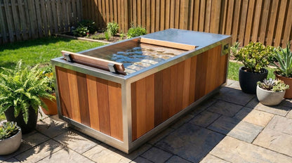 Finnmark SoulCold cold plunge filled with water in a backyard