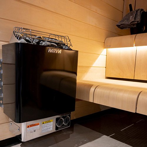 Harvia Kip black heater installed in a sauna