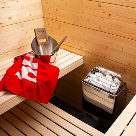 Harvia Kip electric sauna heater seen from the bench
