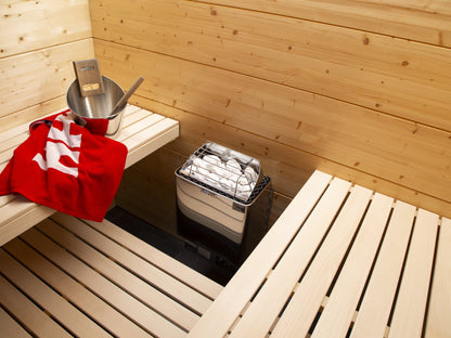 Harvia Kip sauna heater installed in a sauna