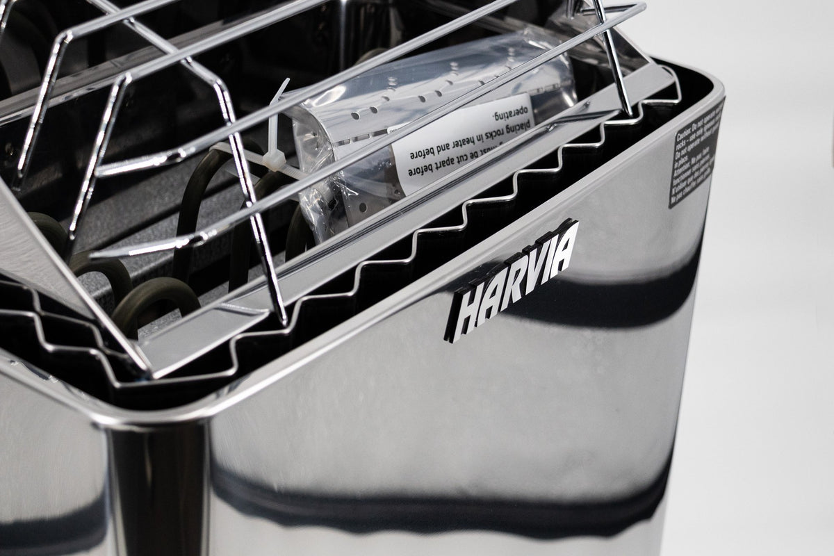 Harvia logo on the Kip stainless steel heater