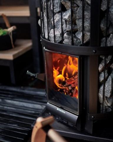 Harvia Legend 240 GreenFlame glass door close-up