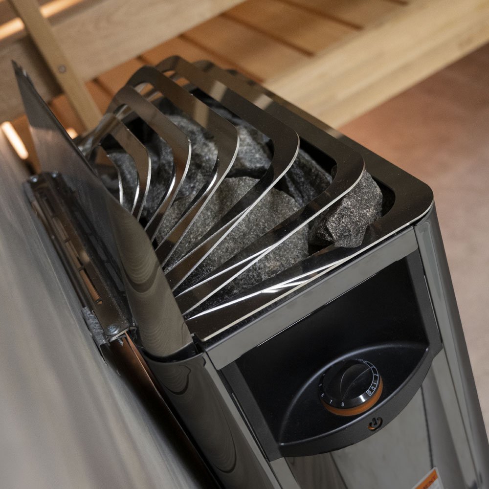 Close-up of sauna stones in the Harvia The Wall black heater