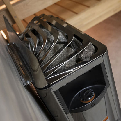 Close-up of sauna stones in the Harvia The Wall black heater