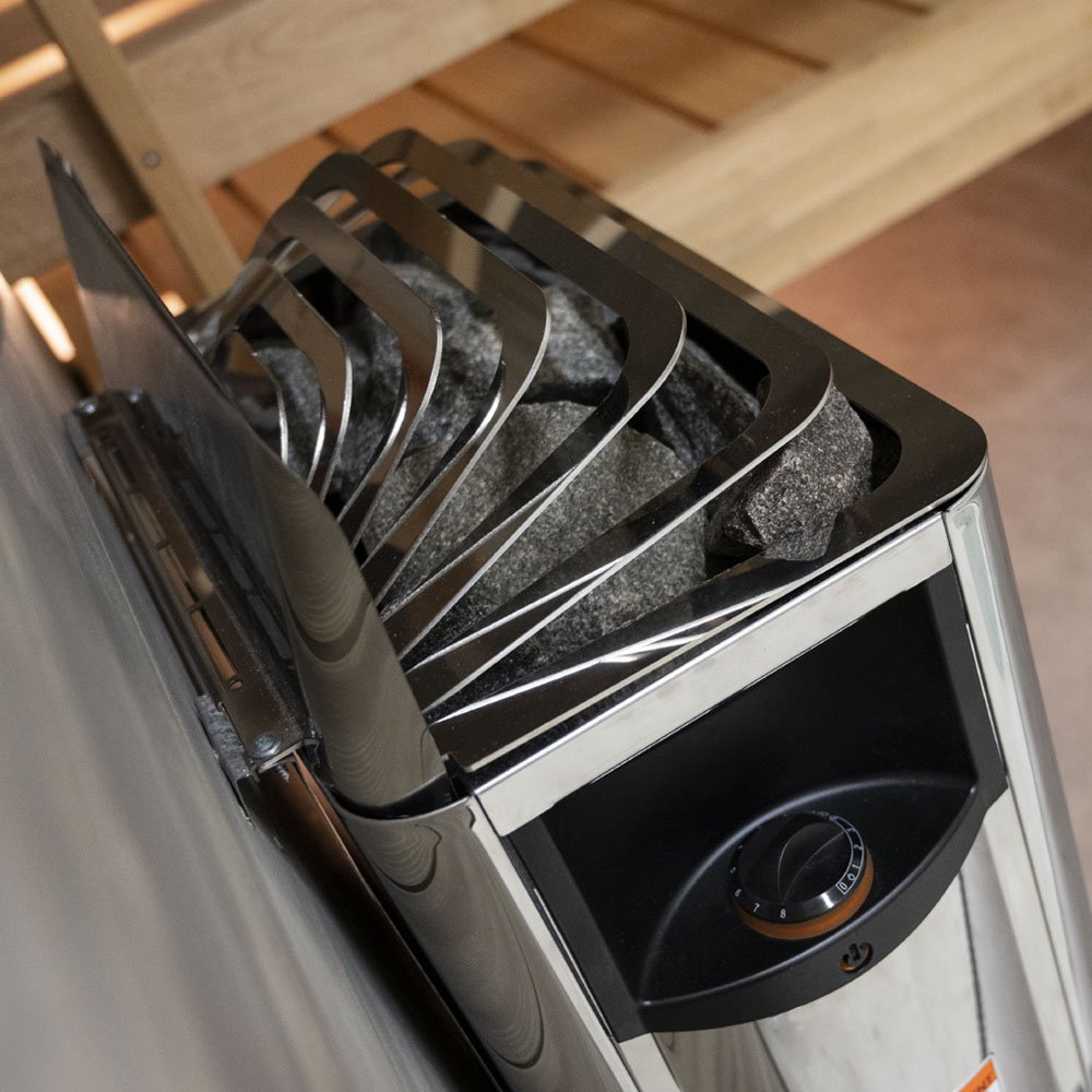 Close-up of sauna stones in the Harvia The Wall stainless steel heater