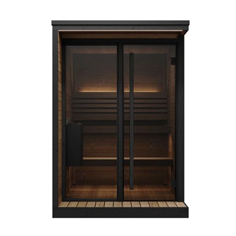front of an outdoor traditional sauna