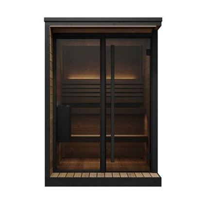 front of an outdoor traditional sauna
