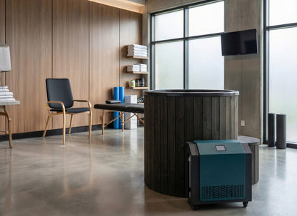 SaunaLife S1 black tub and chiller indoors