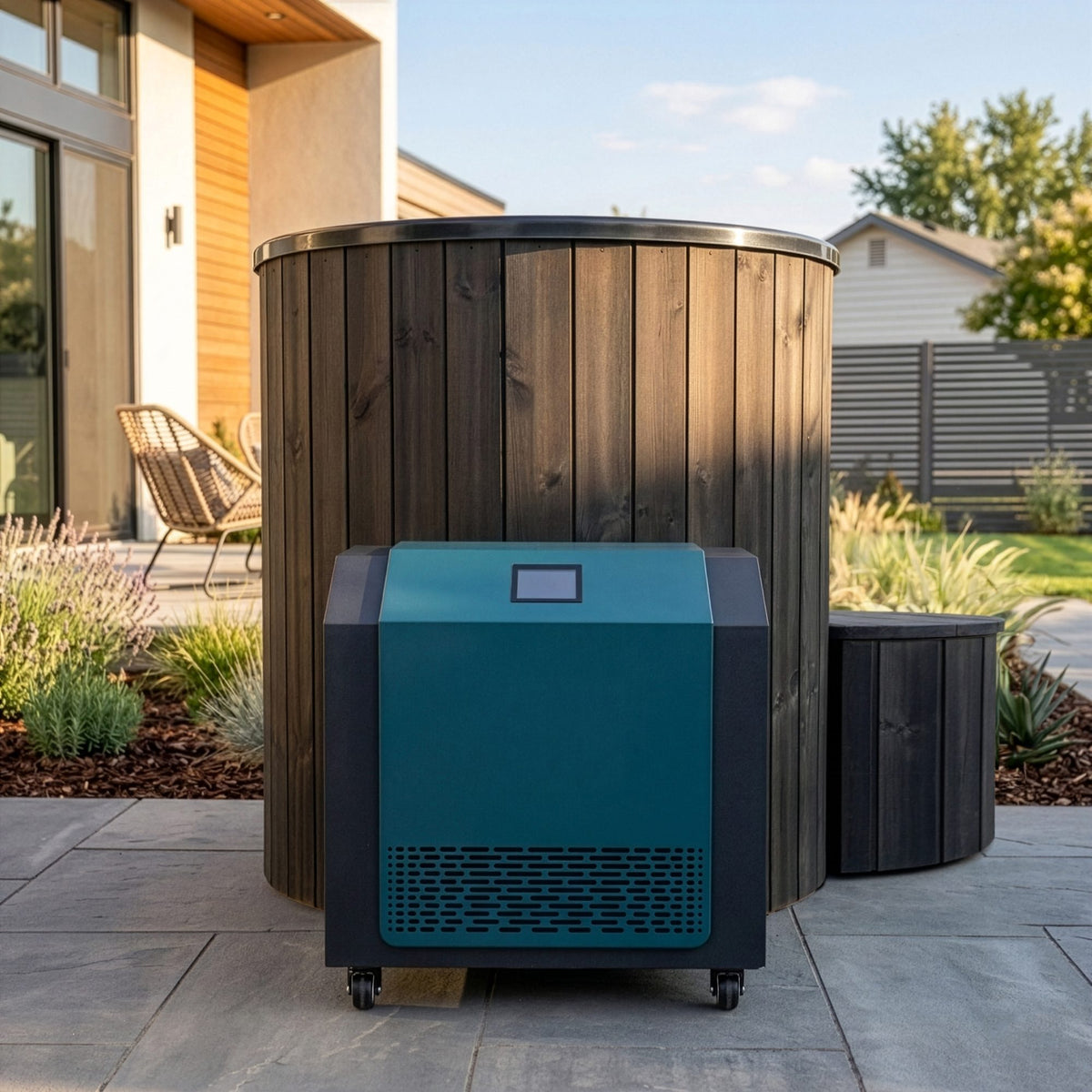 SaunaLife S1 black tub and chiller outdoors