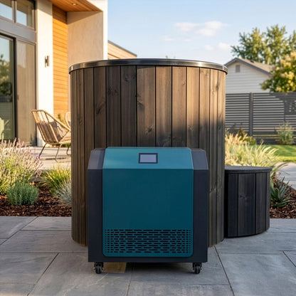 SaunaLife S1 black tub and chiller outdoors