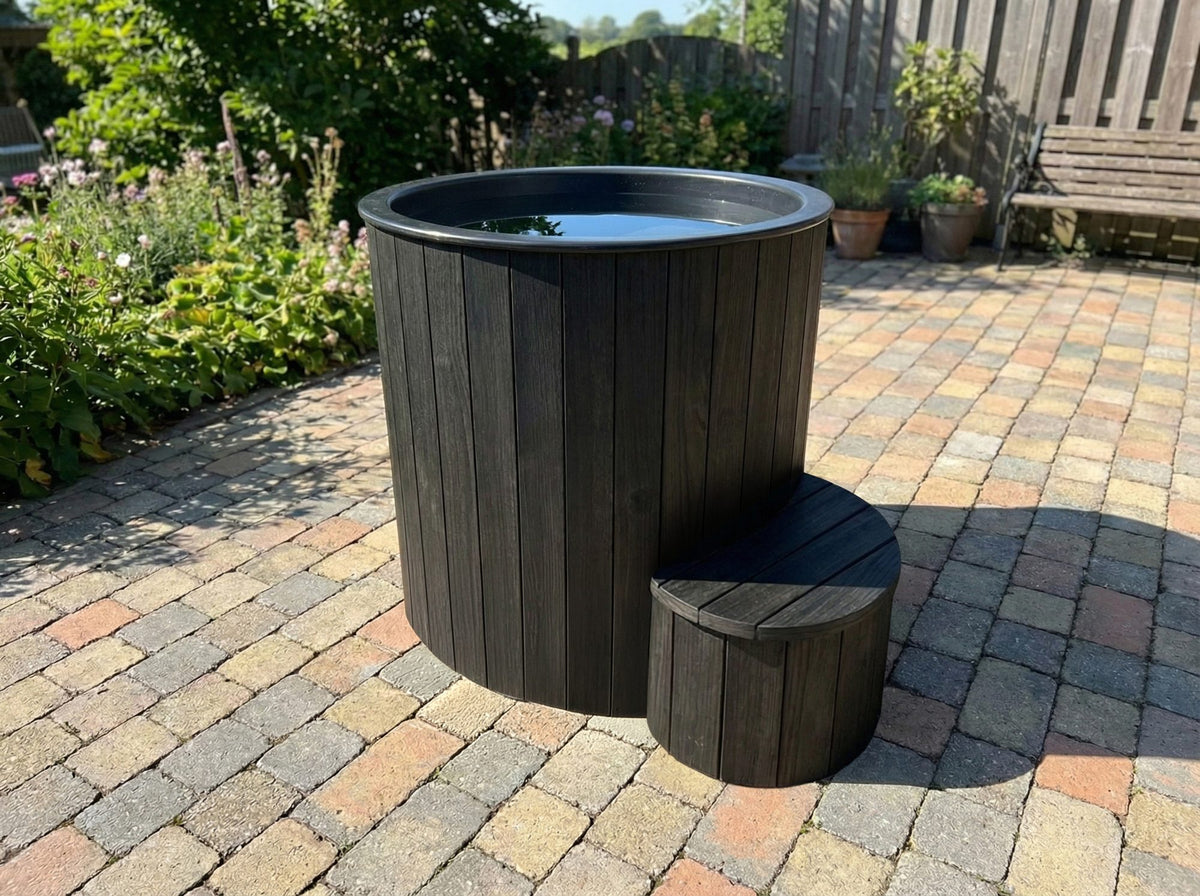 SaunaLife S1 black cold plunge on a patio