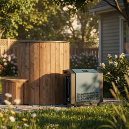 SaunaLife S1 natural tub and chiller in a garden