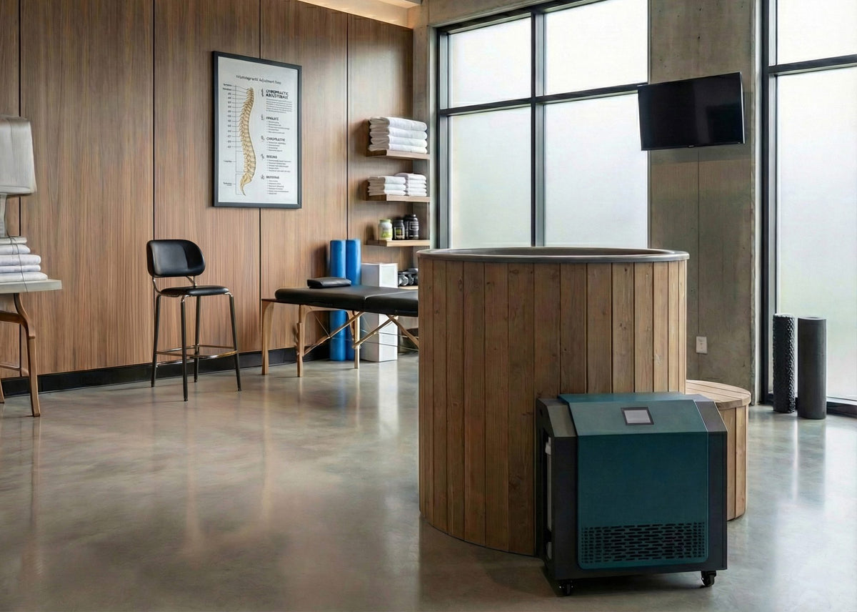 SaunaLife S1 natural tub and chiller indoors