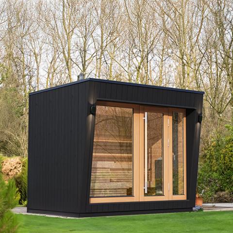 Saunum Air Cube Space Outdoor Cabin Sauna in backyard