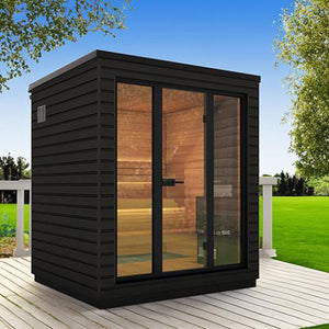 Saunum Classic Mini 3 Person Outdoor Sauna on deck