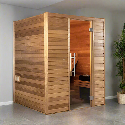 wooden indoor sauna on tile