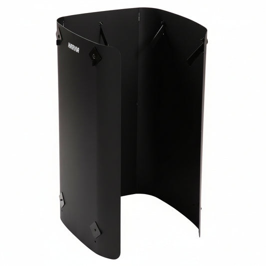 A black 3-sided protective sheath for Harvia sauna stones, designed to reduce safety distance to combustible materials.