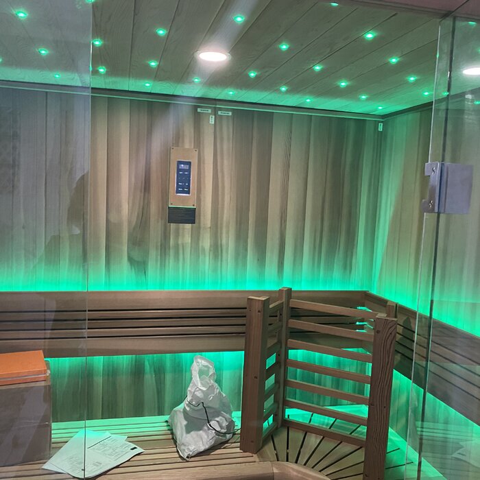 Green Galaxy Lights in Golden Designs Copenhagen 3 Person Steam Sauna