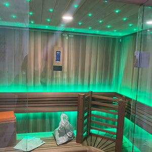 Green Galaxy Lights in Golden Designs Copenhagen 3 Person Steam Sauna
